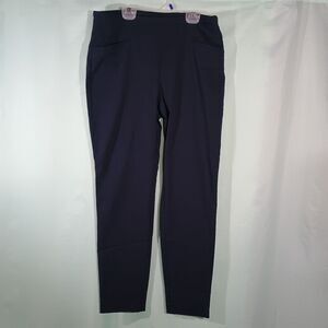 Blue Pull On Pants Stretch Slim Fit Work Pants Elastic Waist Trousers